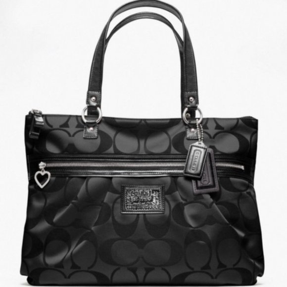 Coach Signature Poppy Diasy Black Jacqard Sateen Canvas Large Tote Bag NWOT - Picture 11 of 11